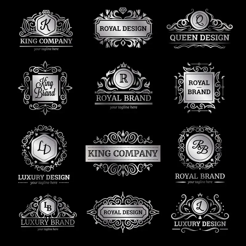 Set Of Silver Luxury Labels With Flourishes And Monograms Ornate Decorations