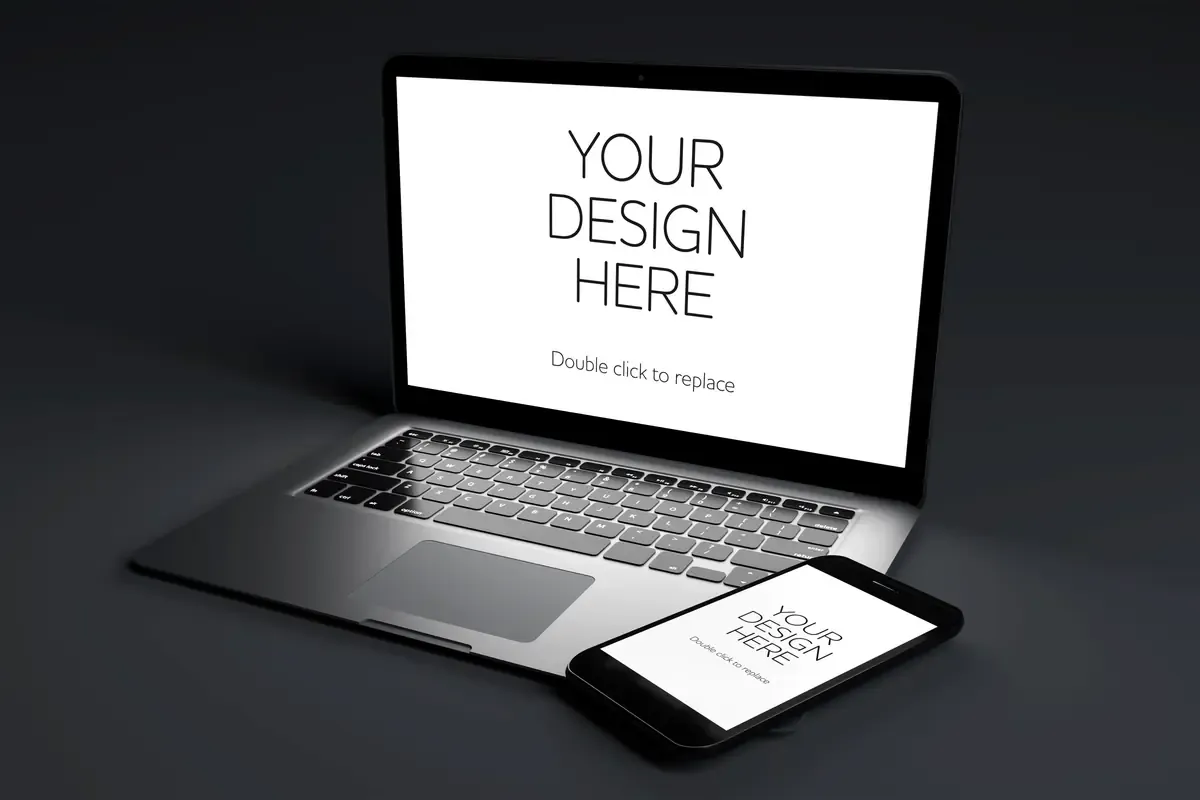 Laptop Computer Device With Screen Mockup Black Room